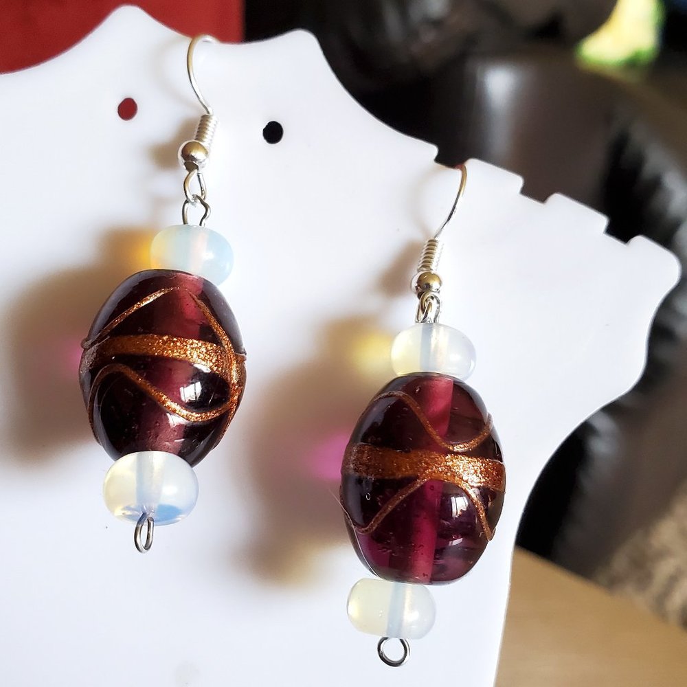 1.5" Silver Tone Hook Purple Glass Bead Earrings